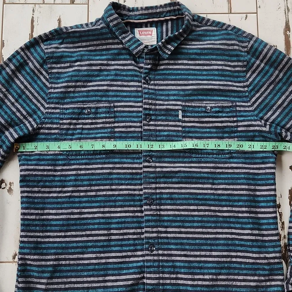 Levis Men's Abbey linen blend striped shirt casual button down teal grey 2XL XXL